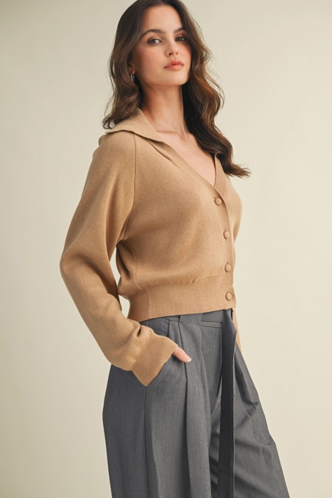 Erika Wide Collar Sweater Cardigan | Women's Beige Tan Neutral Button-Up | Fall and Winter Trendy Fashion | Layering