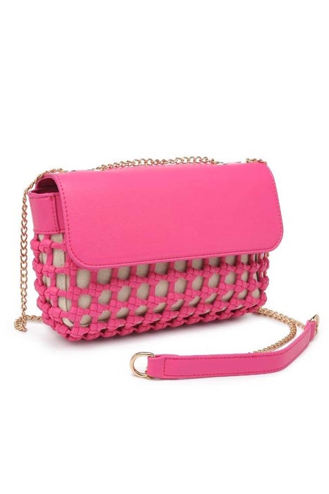 Erin Braided Crossbody | Pink Magenta Bag with Strap | Braided Pattern | Vegan Leather | Magnetic Strap | Gold Hardware