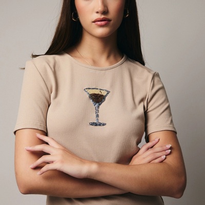 Espresso Martini Round Neck Rib Top | Women's Top | Holiday Shirt | Fall and Winter Trendy Fashion | Embellished | Tan Rib Knit