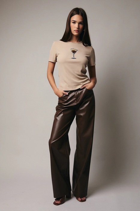 Espresso Martini Round Neck Rib Top | Women's Top | Holiday Shirt | Fall and Winter Trendy Fashion | Embellished | Tan Rib Knit