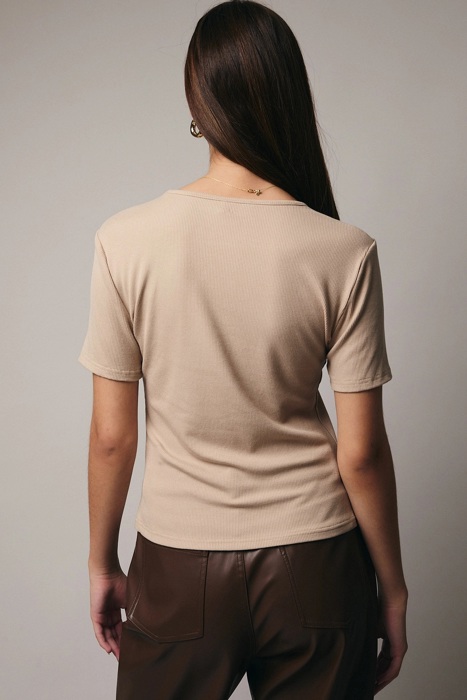 Espresso Martini Round Neck Rib Top | Women's Top | Holiday Shirt | Fall and Winter Trendy Fashion | Embellished | Tan Rib Knit