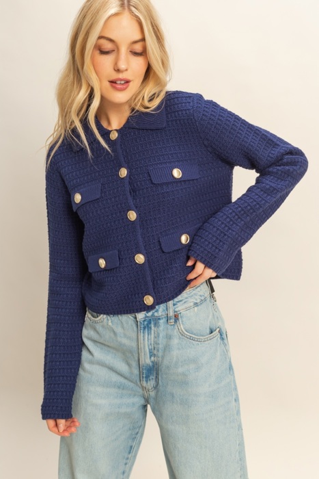 Eva Textured Knit Sweater Jacket with Gold Buttons | Women's Fall and Winter Fashion | Navy Blue Collared Sweater | Wear to Work | Trendy