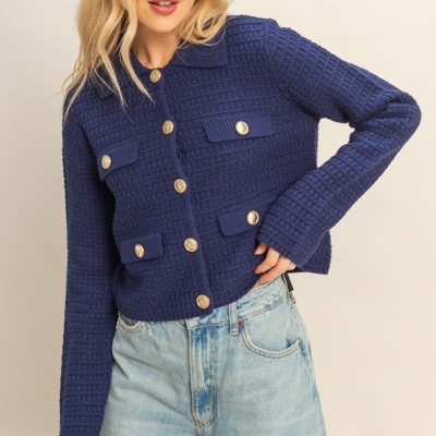 Eva Textured Knit Sweater Jacket with Gold Buttons | Women's Fall and Winter Fashion | Navy Blue Collared Sweater | Wear to Work | Trendy