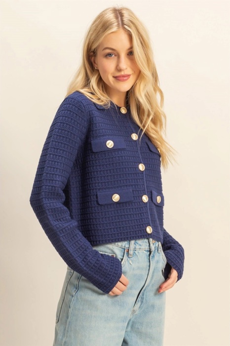 Eva Textured Knit Sweater Jacket with Gold Buttons | Women's Fall and Winter Fashion | Navy Blue Collared Sweater | Wear to Work | Trendy