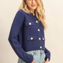  Eva Textured Knit Sweater Jacket with Gold Buttons | Women's Fall and Winter Fashion | Navy Blue Collared Sweater | Wear to Work | Trendy