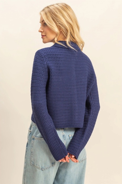 Eva Textured Knit Sweater Jacket with Gold Buttons | Women's Fall and Winter Fashion | Navy Blue Collared Sweater | Wear to Work | Trendy
