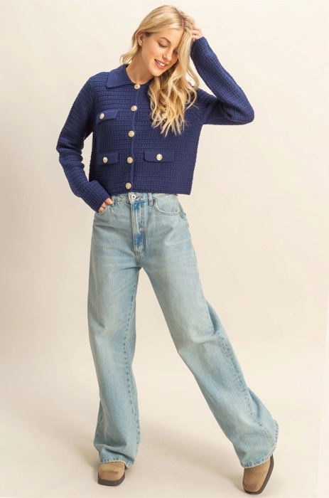 Eva Textured Knit Sweater Jacket with Gold Buttons | Women's Fall and Winter Fashion | Navy Blue Collared Sweater | Wear to Work | Trendy