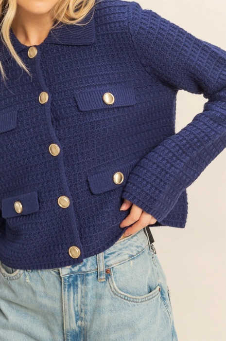 Eva Textured Knit Sweater Jacket with Gold Buttons | Women's Fall and Winter Fashion | Navy Blue Collared Sweater | Wear to Work | Trendy