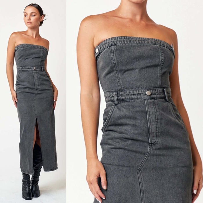 Grace Tube Denim Midi Dress | Tube Top | Denim | Slit | Trendy Fall Dress