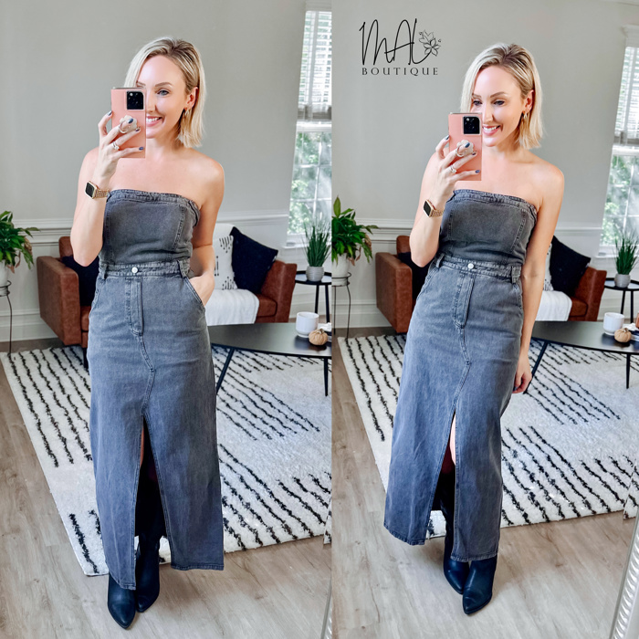 Grace Tube Denim Midi Dress | Tube Top | Denim | Slit | Trendy Fall Dress