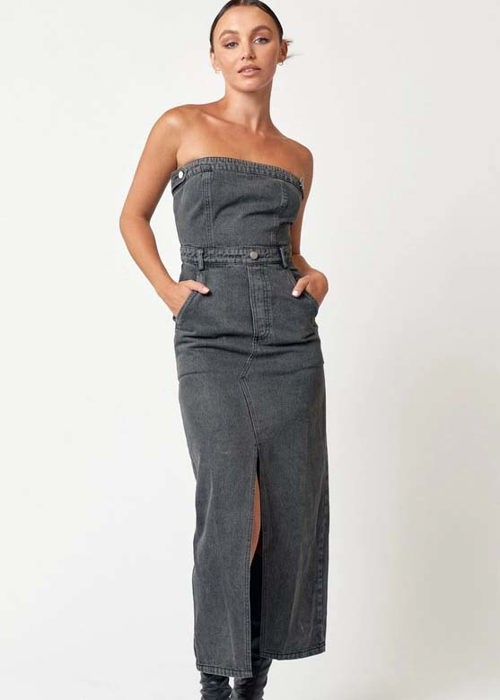 Grace Tube Denim Midi Dress | Tube Top | Denim | Slit | Trendy Fall Dress