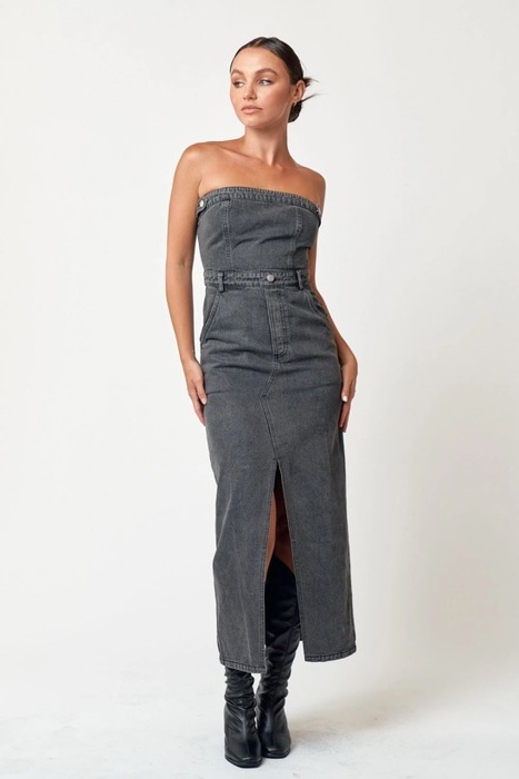 Grace Tube Denim Midi Dress | Tube Top | Denim | Slit | Trendy Fall Dress