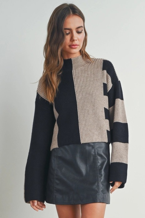 Harlee Color Block Mock Turtleneck Sweater | Cozy Winter Women's Sweaters | Trendy Style | Black and Taupe | Comfy Winter Fashion