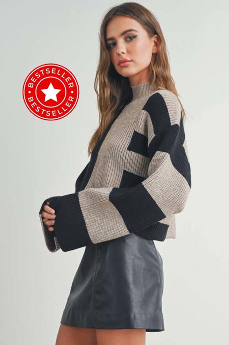 Harlee Color Block Mock Turtleneck Sweater | Cozy Fall and Winter Women's Top | Trendy Style | Black and Taupe | Comfy 