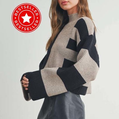 Harlee Color Block Mock Turtleneck Sweater | Cozy Fall and Winter Women's Top | Trendy Style | Black and Taupe | Comfy 