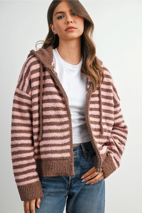 Jayden Striped Zip-Up Hooded Cardigan | Women's Fall & Winter Jacket | Striped | Cozy and Soft | Casual Style