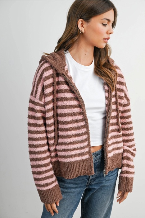 Jayden Striped Zip-Up Hooded Cardigan | Women's Fall & Winter Jacket | Striped | Cozy and Soft | Casual Style