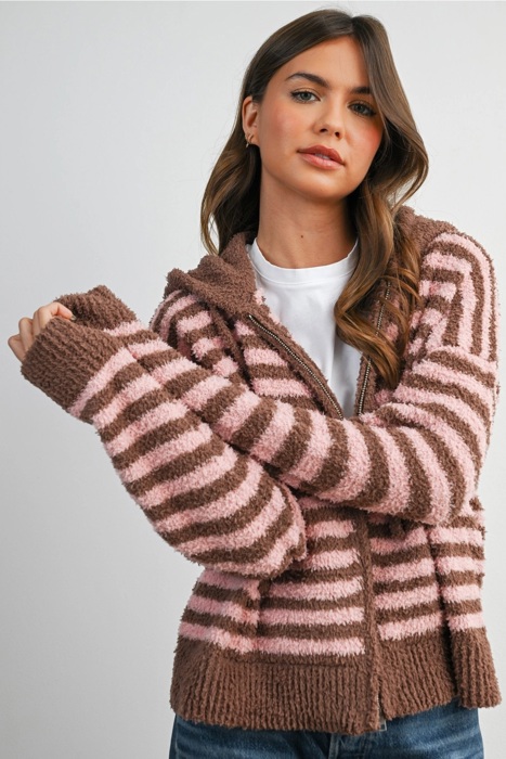 Jayden Striped Zip-Up Hooded Cardigan | Women's Fall & Winter Jacket | Striped | Cozy and Soft | Casual Style