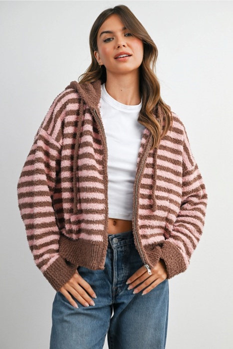 Jayden Striped Zip-Up Hooded Cardigan | Women's Fall & Winter Jacket | Striped | Cozy and Soft | Casual Style