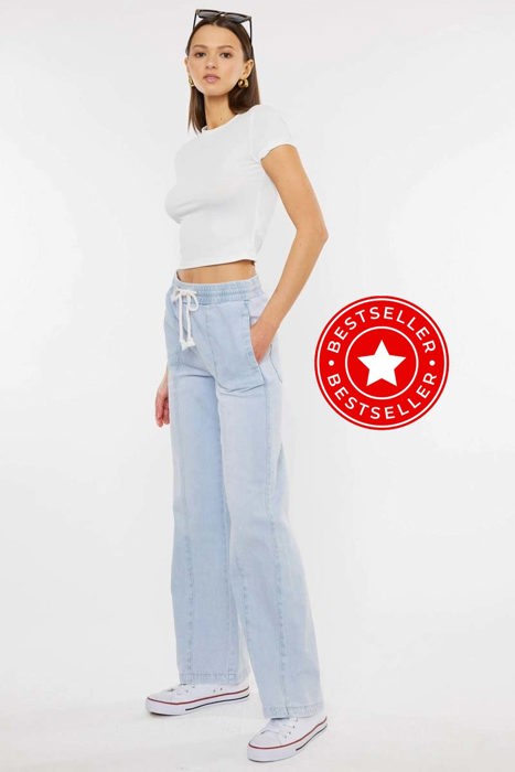Julia KanCan High Rise Elastic Band Flare Jeans | Women's Cotton Lightweight Rope Drawstring Bottoms | Comfortable and Trendy