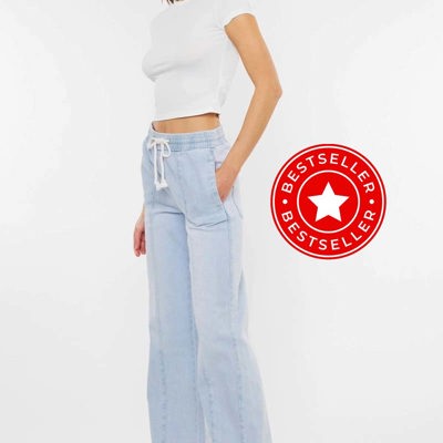 Julia KanCan High Rise Elastic Band Flare Jeans | Women's Cotton Lightweight Rope Drawstring Bottoms | Comfortable and Trendy