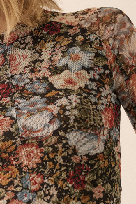 June Floral Mesh Long-Sleeve Mock Neck Top | Women's Shirt | Fall and Winter Trendy Fashion | Sheer