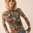  June Floral Mesh Long-Sleeve Mock Neck Top | Women's Shirt | Fall and Winter Trendy Fashion | Sheer
