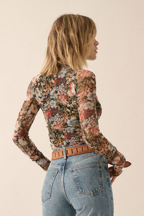 June Floral Mesh Long-Sleeve Mock Neck Top | Women's Shirt | Fall and Winter Trendy Fashion | Sheer