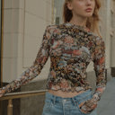  June Floral Mesh Long-Sleeve Mock Neck Top | Women's Shirt | Fall and Winter Trendy Fashion | Sheer