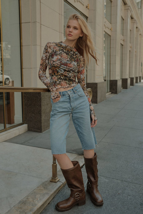 June Floral Mesh Long-Sleeve Mock Neck Top | Women's Shirt | Fall and Winter Trendy Fashion | Sheer