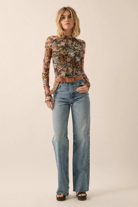 June Floral Mesh Long-Sleeve Mock Neck Top | Women's Shirt | Fall and Winter Trendy Fashion | Sheer