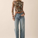  June Floral Mesh Long-Sleeve Mock Neck Top | Women's Shirt | Fall and Winter Trendy Fashion | Sheer