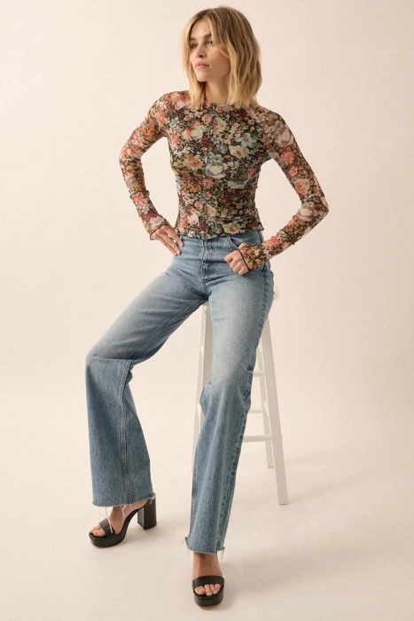 June Floral Mesh Long-Sleeve Mock Neck Top | Women's Shirt | Fall and Winter Trendy Fashion | Sheer