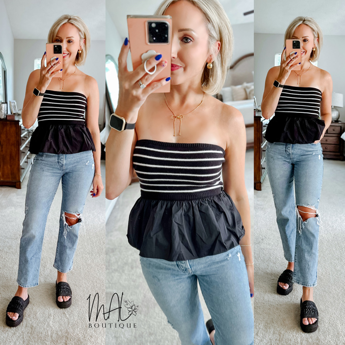 Kenna Flowy Peplum Tube Top | Black and White Striped Tube Top Flowy Shirt | Summer Top