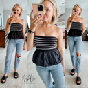  Kenna Flowy Peplum Tube Top | Black and White Striped Tube Top Flowy Shirt | Summer Top