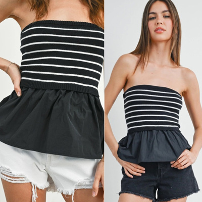 Kenna Flowy Peplum Tube Top | Black and White Striped Tube Top Flowy Shirt | Summer Top