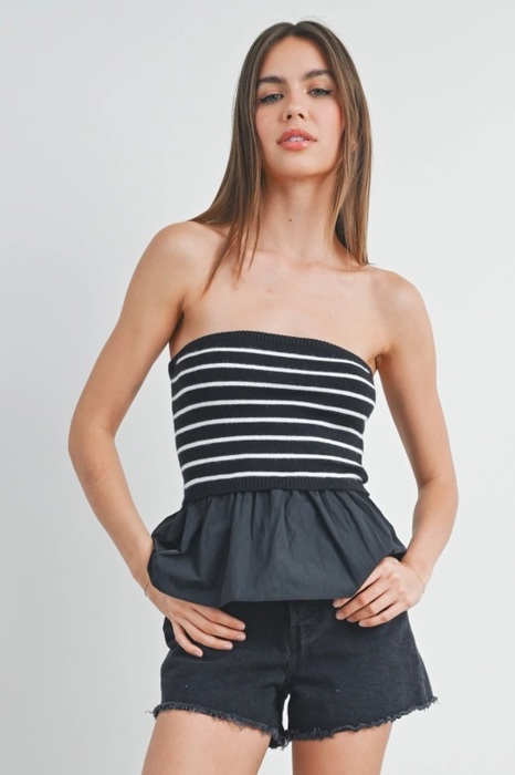 Kenna Flowy Peplum Tube Top | Black and White Striped Tube Top Flowy Shirt | Summer Top