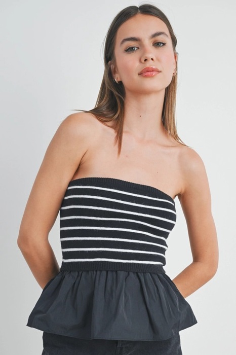 Kenna Flowy Peplum Tube Top | Black and White Striped Tube Top Flowy Shirt | Summer Top