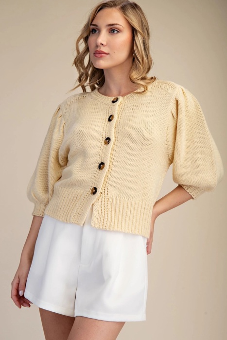Kirsten Short Puff Sleeve Button Down Sweater | Butter Yellow Spring Top | Cardigan