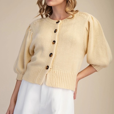 Kirsten Short Puff Sleeve Button Down Sweater | Butter Yellow Spring Top | Cardigan
