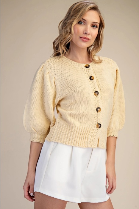 Kirsten Short Puff Sleeve Button Down Sweater | Butter Yellow Spring Top | Cardigan