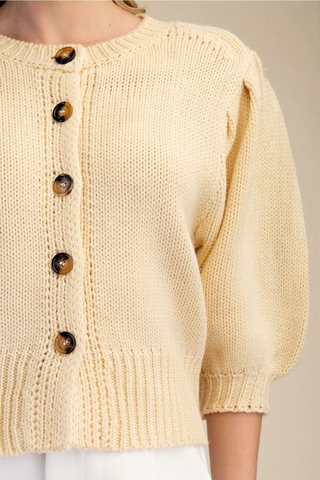 Kirsten Short Puff Sleeve Button Down Sweater | Butter Yellow Spring Top | Cardigan