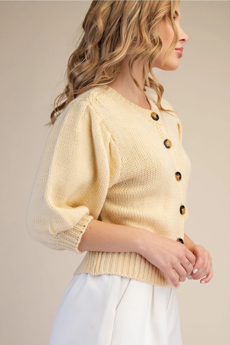 Kirsten Short Puff Sleeve Button Down Sweater | Butter Yellow Spring Top | Cardigan