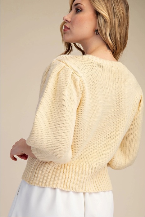 Kirsten Short Puff Sleeve Button Down Sweater | Butter Yellow Spring Top | Cardigan