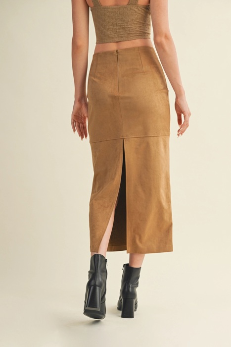 Krista Back Slit Tan Suede Skirt | Women's Fall and Winter Trendy Fashion | Buttery-Soft | High-Waisted | Holiday Outfit