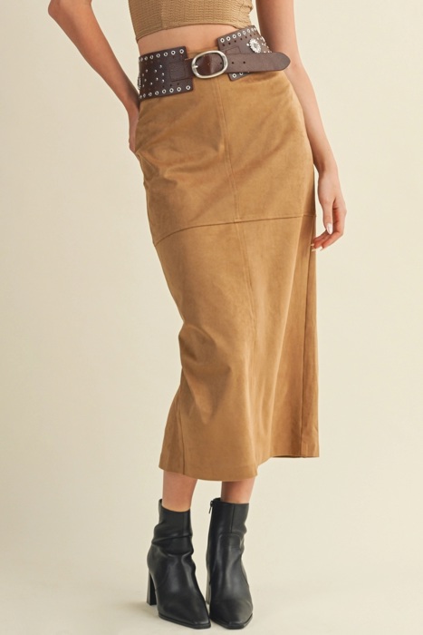 Krista Back Slit Tan Suede Skirt | Women's Fall and Winter Trendy Fashion | Buttery-Soft | High-Waisted | Holiday Outfit