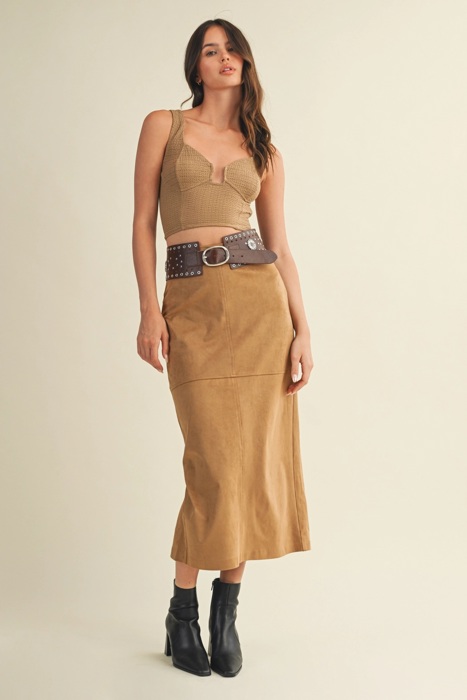 Krista Back Slit Tan Suede Skirt | Women's Fall and Winter Trendy Fashion | Buttery-Soft | High-Waisted | Holiday Outfit
