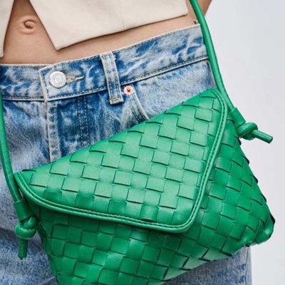 Kylo Woven Crossbody Bag | Green Vegan Leather Envelope Shaped Purse | Gold Hardware with Knotted Strap