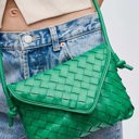  Kylo Woven Crossbody Bag | Green Vegan Leather Envelope Shaped Purse | Gold Hardware with Knotted Strap