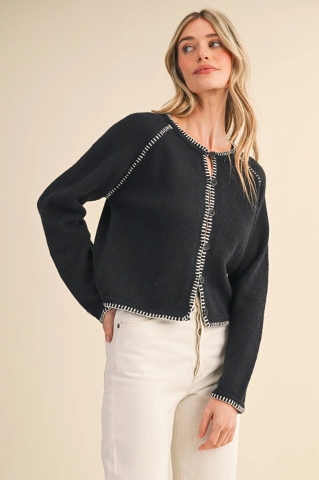 Leia Contrast Blanket Stitch Sweater Cardigan | Women's Black Soft Warm Knit Button-Up Top | Fall and Winter Fashion